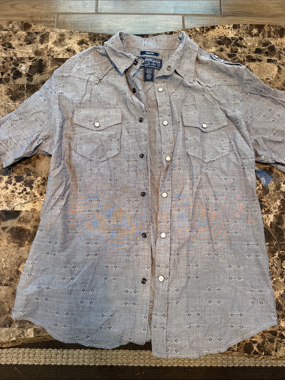 American Rag Men's Pale Blue Short-Sleeve Button-Down Shirt with Subtle Print